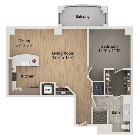 A floor plan of a home showing a living room, dining room, kitchen, bedroom, bathroom, and balcony.